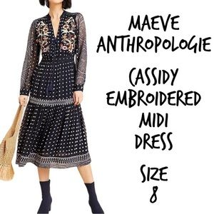 Anthropologie MAEVE Cassidy Embroidered Long Sleeved Midi Dress size 8